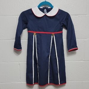 Little English Navy Dress with White Peter Pan Collar and Red Trim